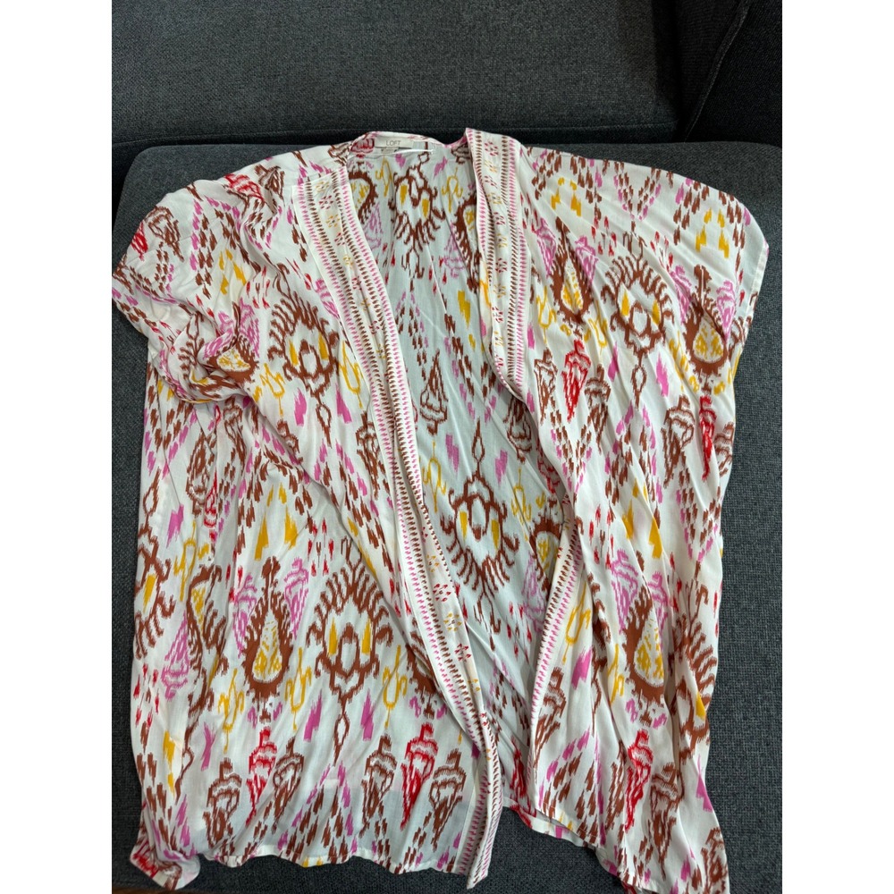 Loft Womens Ikat Print Kimono Topper Pink Orange White Open Front Size M/L